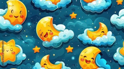 Seamless cartoon night sky pattern with smiling moons, stars, and clouds perfect for kids' wallpapers, textiles, and nursery decor.