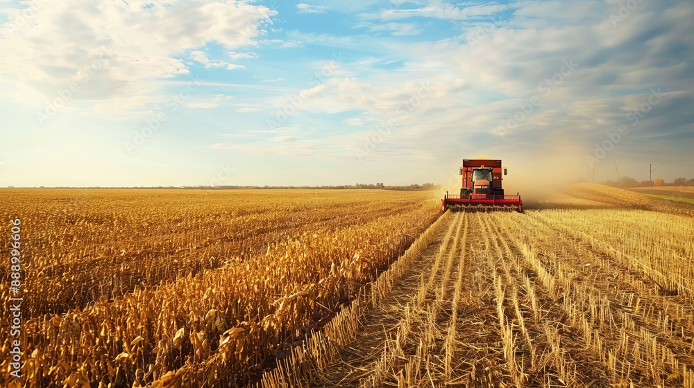 Busy Tractor Trailer Harvesting Soybeans in a Field Busy Tractor Trailer Harvesting Soybeans in a Field