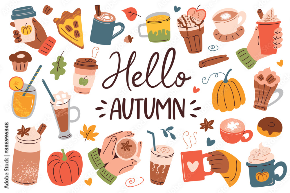 Autumn coffee collection, vector illustrations set in flat cartoon style. Cozy mugs, cups, pumpkin spice latte, hot beverages, seasonal warm drinks. Fall greeting card with hand lettering