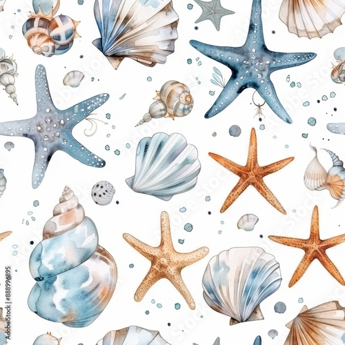 Seamless pattern with colorful starfish, seashells, and marine elements on a white background. Perfect for decoration and design projects.