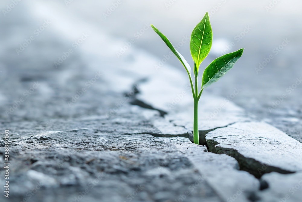 Resilient plant sprouts from a crack in the road representing renewable green energy and new hope Resilient plant sprouts from a crack in the road representing renewable green energy and new hope