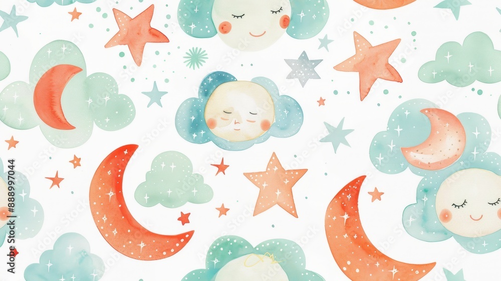 Seamless whimsical pattern of moons, stars, and clouds in watercolor style, perfect for baby nurseries and children's design projects. Seamless whimsical pattern of moons, stars, and clouds in watercolor style, perfect for baby nurseries and children's design projects.