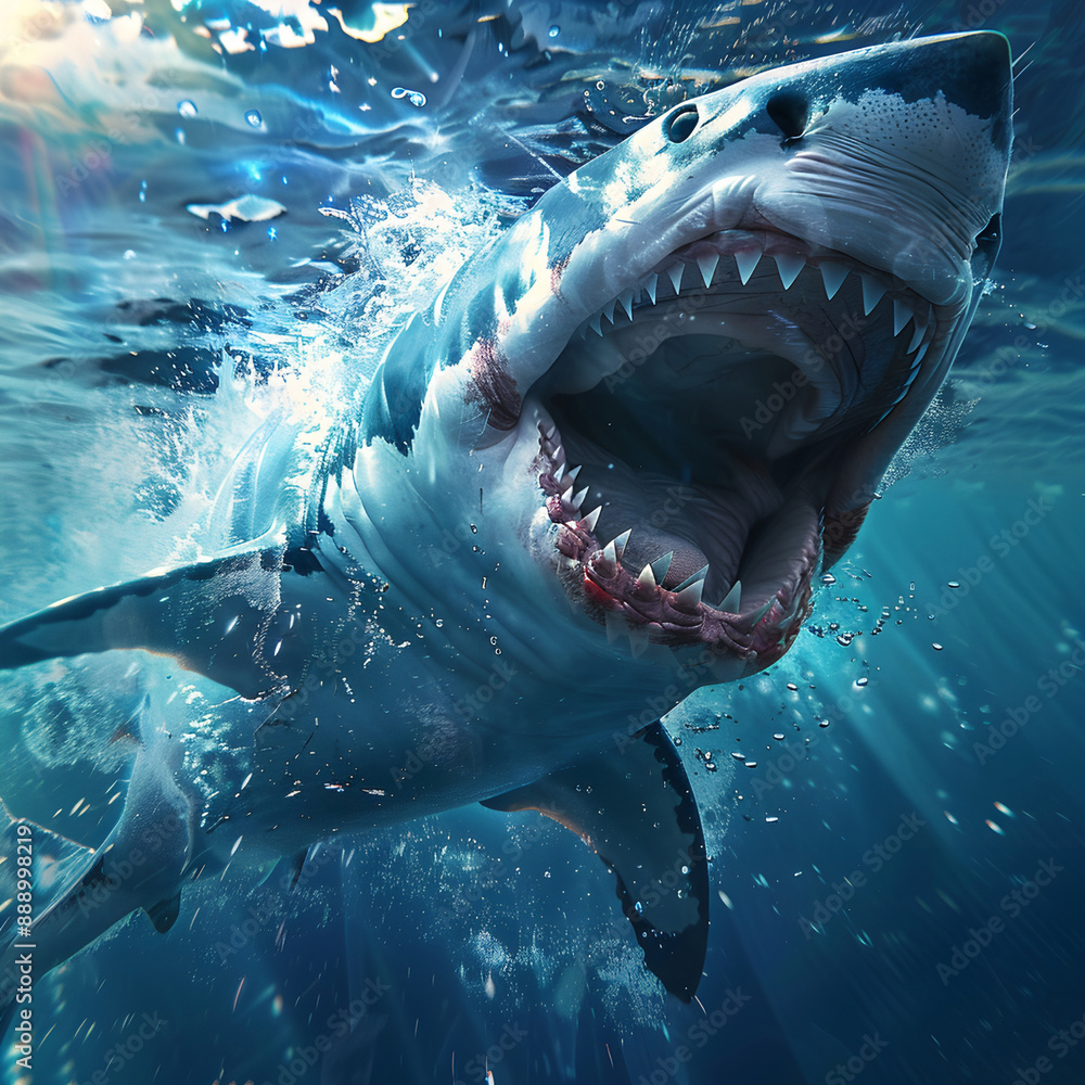 Obraz premium Great white shark in the ocean, Ocean's Apex Predator: The Great White Shark in Its Natural Habitat.