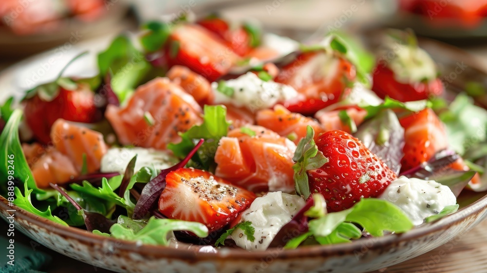 Delicious and nutritious strawberry and salmon salad with cream cheese on a plate Dining at a restaurant with outdoor seating in the summer Ample room for text