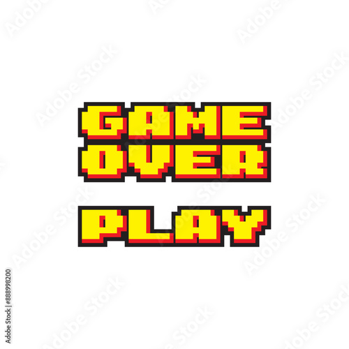 Pixel retro game over, play and score illustration, 3d alphabet.