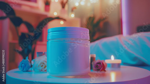 Elegant jar of overnight collagen mask on a bedside table, surrounded by candles, flowers, and silk linens. Cozy bedroom softly lit with warm light creates a relaxing nighttime atmosphere photo