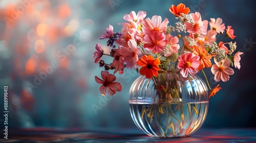 A vase filled with pink and orange flowers sits on a table