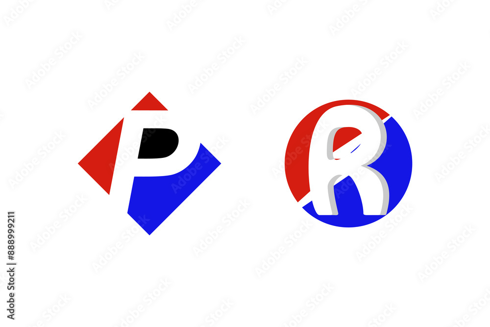 This is a unique and simple P and R letter logo with a blue and red ...