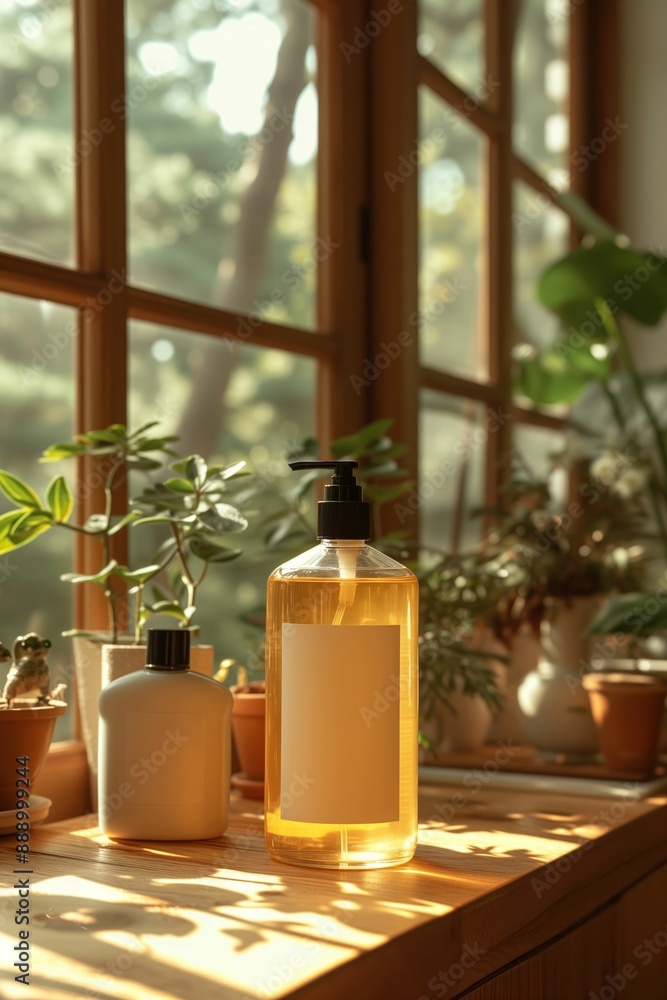 Shampoo bottle on a wooden table in a plant-filled room.
Shampoo bottle on a wooden table in a plant-filled room.