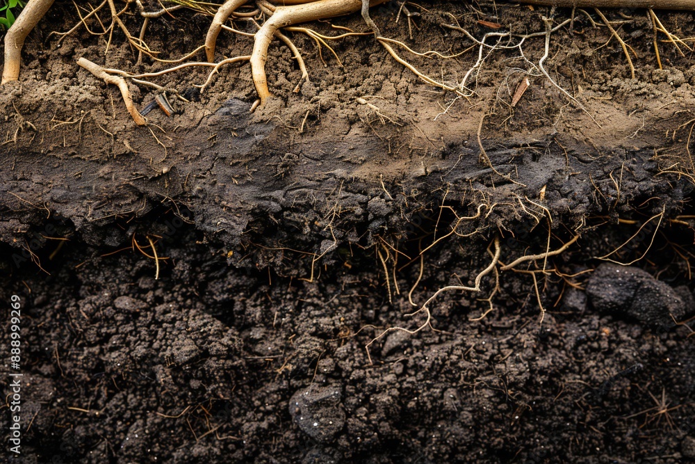 Fototapeta premium Underground image of tree roots growing in the soil, with empty copy space Generative Ai