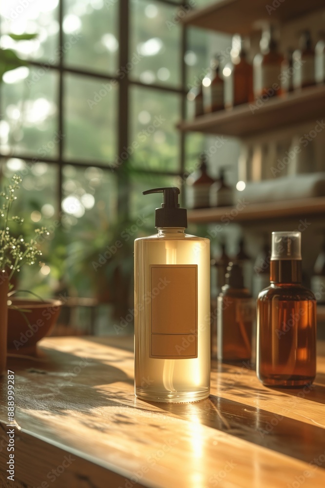 Shampoo bottle on a wooden table in a plant-filled room.
Shampoo bottle on a wooden table in a plant-filled room.