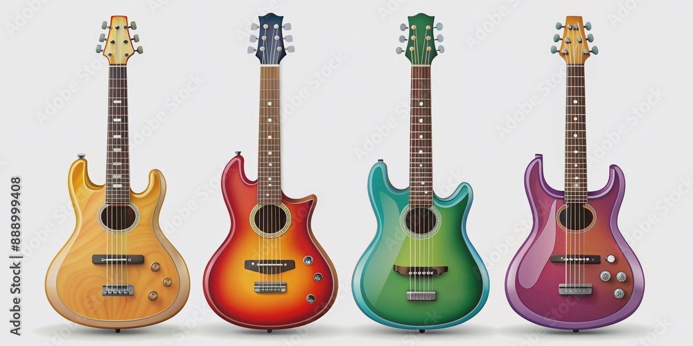 Naklejka premium Beautifully styled acoustic and electric flat guitars isolated on a clean white background, showcasing sleek designs and vibrant colors in a stunning vector set.