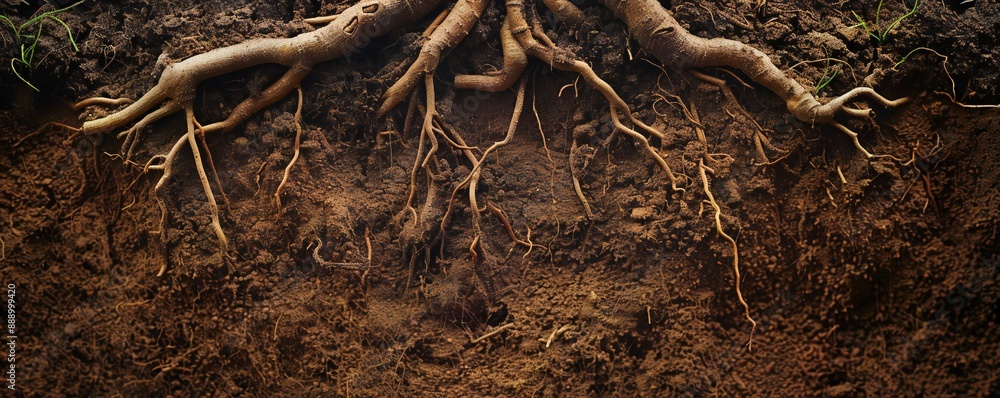 Underground image of tree roots growing in the soil, with empty copy space Generative Ai Underground image of tree roots growing in the soil, with empty copy space Generative Ai