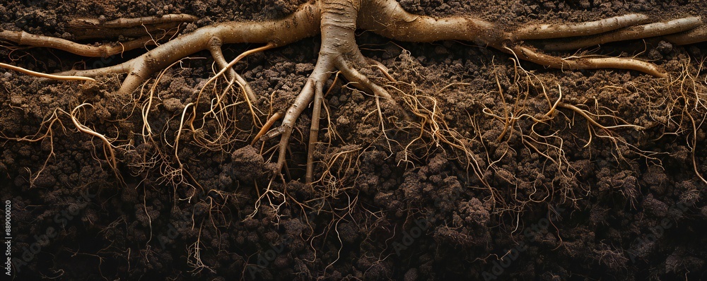 Underground image of tree roots growing in the soil, with empty copy space Generative Ai Underground image of tree roots growing in the soil, with empty copy space Generative Ai