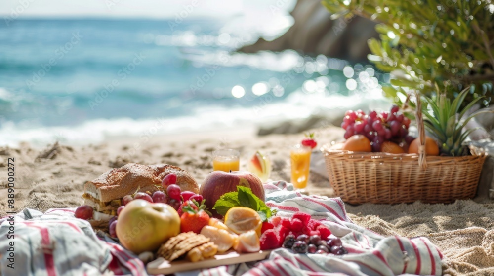 Close-up of a beachside picnic with fresh fruits, sandwiches, and a blanket laid out on the sand. Close-up of a beachside picnic with fresh fruits, sandwiches, and a blanket laid out on the sand.