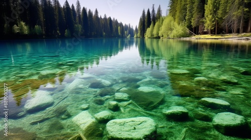 Serene Clear Lake Surrounded by Pine Trees