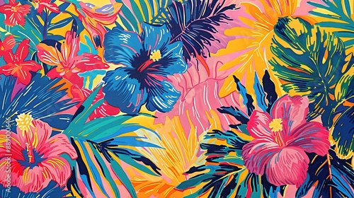 Vibrant and colorful tropical flowers and leaves seamless pattern