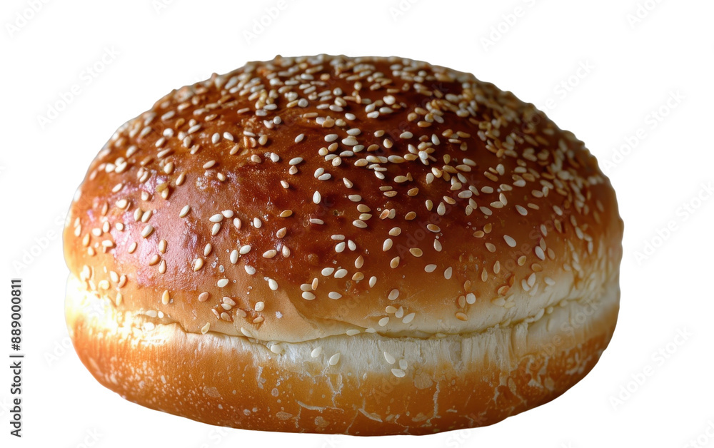 A golden brown sesame seed bun sits on a white background A golden brown sesame seed bun sits on a white background