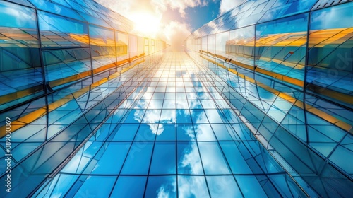 Tall glass building with bright clouds