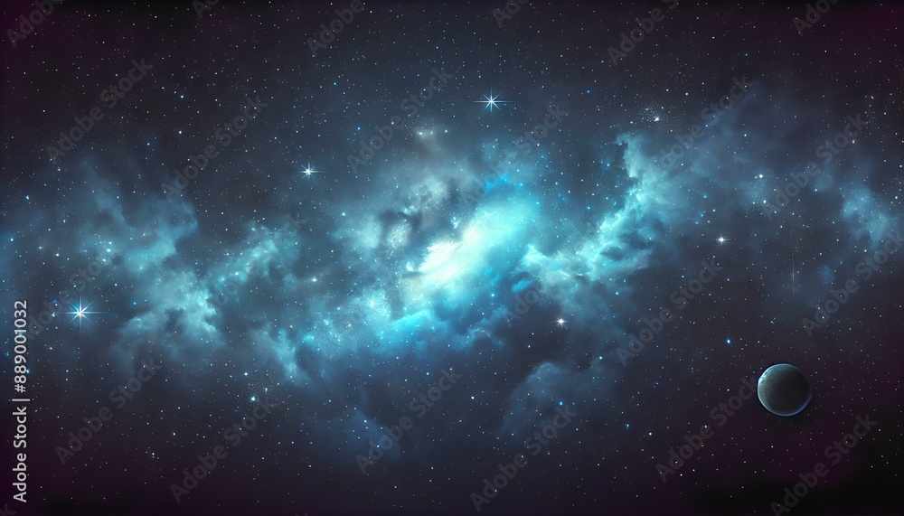 Obraz premium Stunning image of a star-filled galaxy with glowing nebulae and a distant planet.