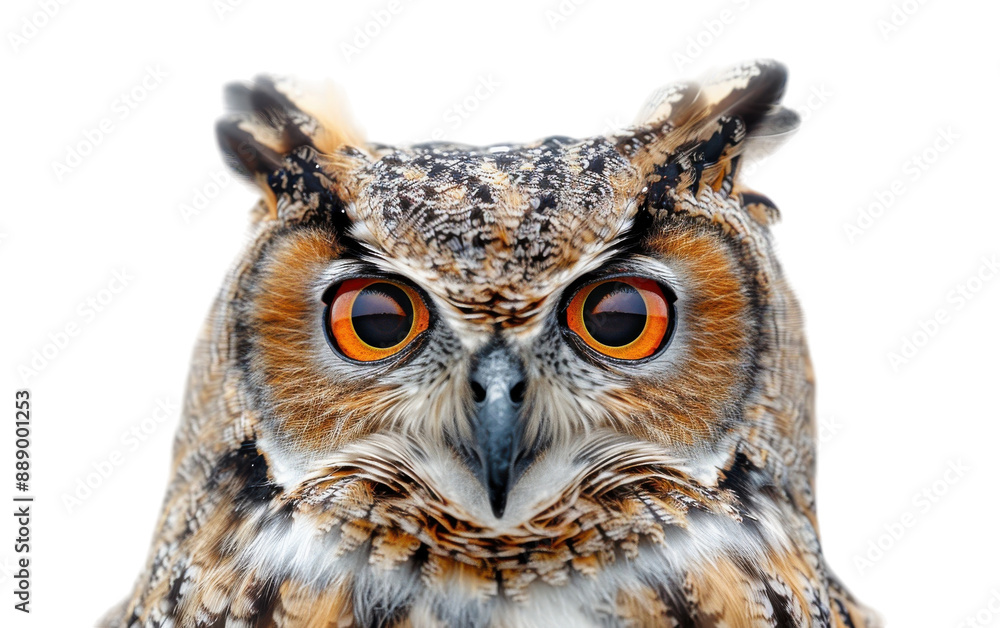Fototapeta premium An owl stares intensely with its bright orange eyes