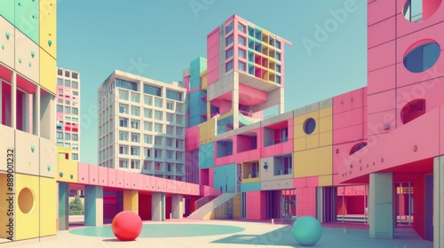 Brutalism buildings, pastel color palette, polka dot embellishments, selective vibrant hues, geometric forms, modern city scene, artistic background, minimalistic and clean © sknab