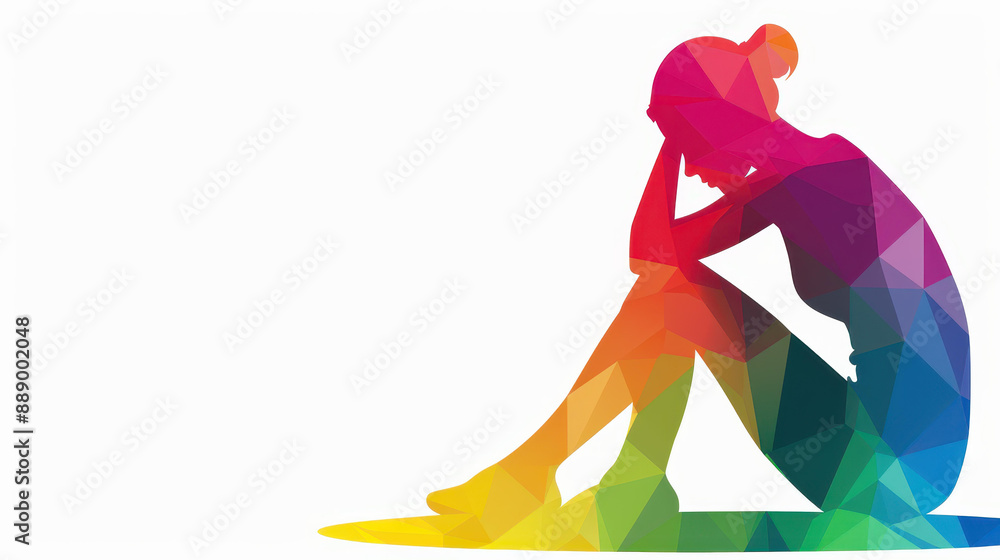 Fototapeta premium Vibrant silhouette of woman sitting with arms around knees, head tilted back, against colorful sunset, with panorama view.