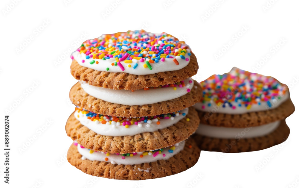 A stack of cookies with white icing and colorful sprinkles A stack of cookies with white icing and colorful sprinkles