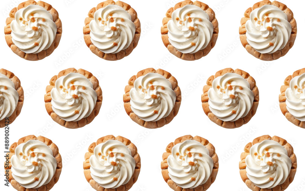 A collection of small, round dessert tarts with a creamy white filling and a swirl pattern A collection of small, round dessert tarts with a creamy white filling and a swirl pattern
