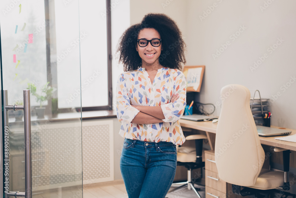 Photo of joyful nice adorable woman wear stylish clothes working in office company indoors workplace workstation Photo of joyful nice adorable woman wear stylish clothes working in office company indoors workplace workstation