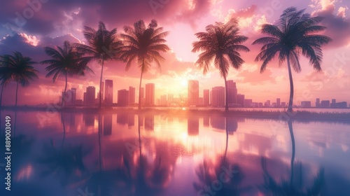 Miami sunset beach with palm trees and skyscrapers in pink purple sky reflecting in water