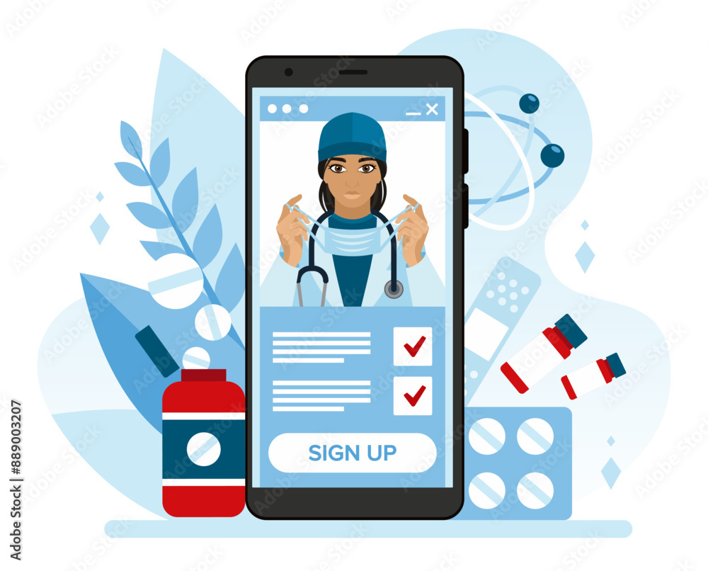 A smartphone with a picture of a doctor. An application on your phone with a quick and convenient function of making an appointment with a doctor. The concept of an online medical appointment service A smartphone with a picture of a doctor. An application on your phone with a quick and convenient function of making an appointment with a doctor. The concept of an online medical appointment service