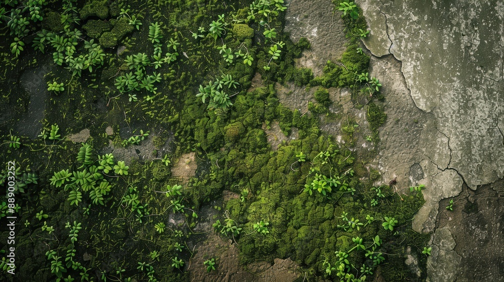 A mossy wall with green plants growing on it. The image has a natural and calming feel to it A mossy wall with green plants growing on it. The image has a natural and calming feel to it