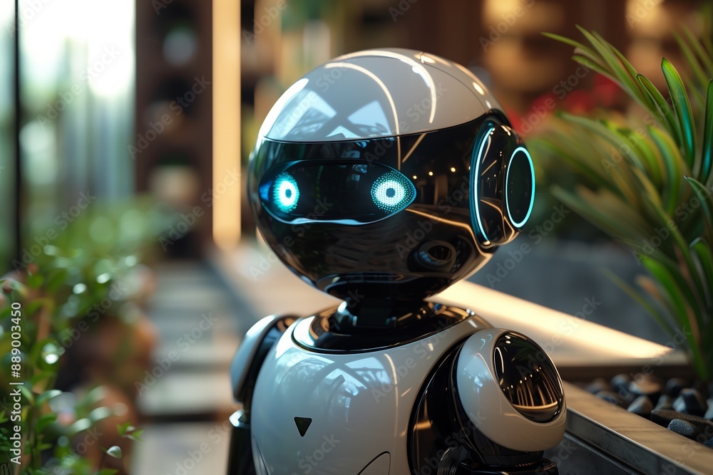 Modern Robot With Glowing Blue Eyes Stands in Modern Office Modern Robot With Glowing Blue Eyes Stands in Modern Office