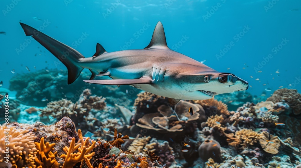 Obraz premium Close-up of a hammerhead shark patrolling the waters of a remote coral atoll.