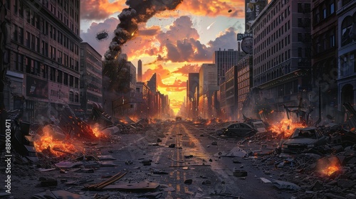 A city street with buildings in ruins and a sunset in the background. Scene is one of destruction and chaos
