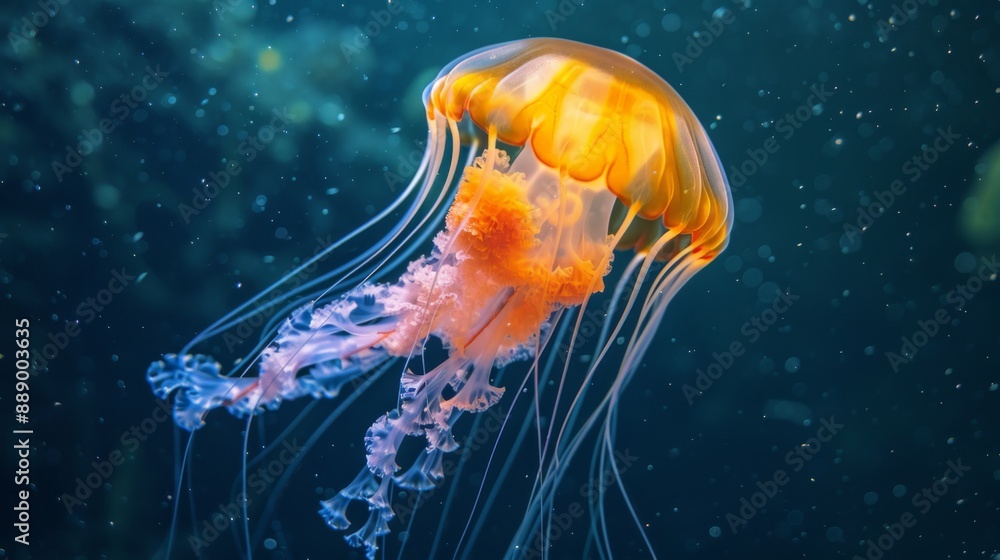Fototapeta premium Close-up of a jellyfish with translucent tentacles drifting in the deep sea.