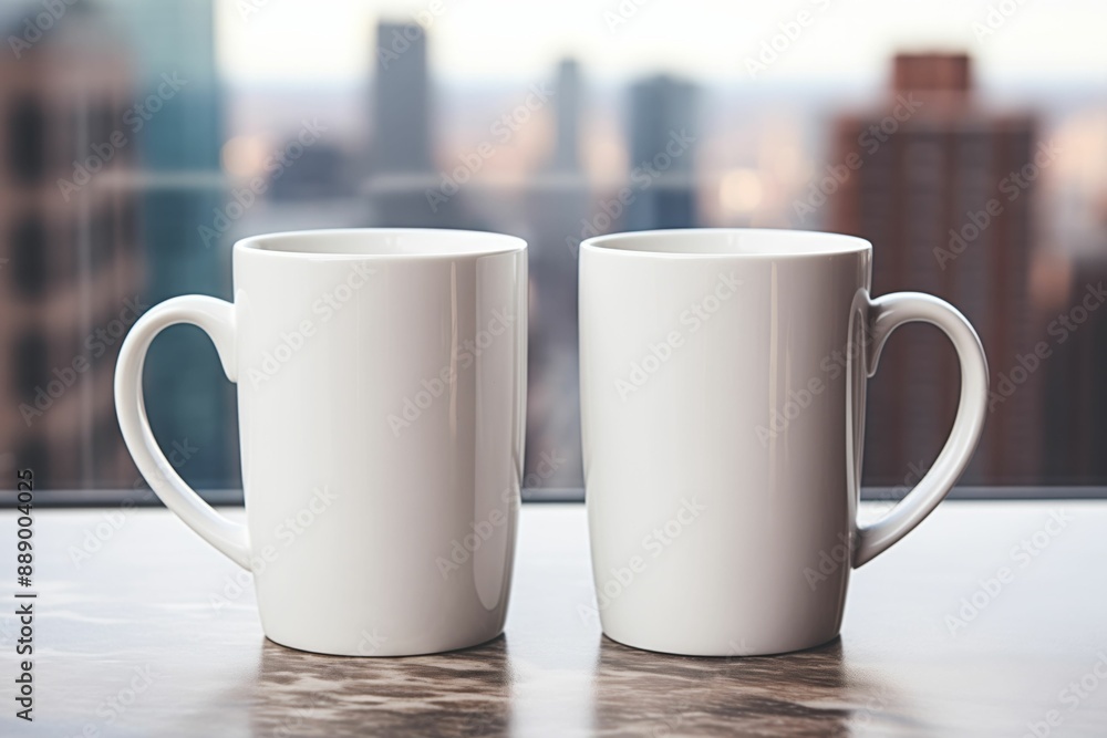 White mug on table with cityscape at sunrise. White mug on table with cityscape at sunrise.
