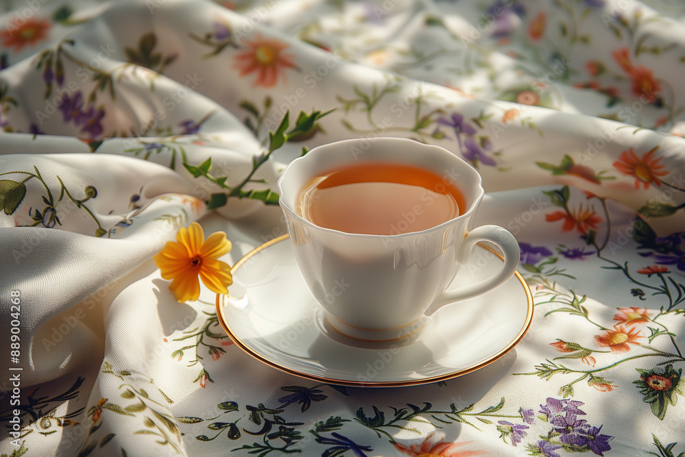 Dinner table with tea cups and tea pot at beautiful blooming garden. Tea party concept. Dinner table with tea cups and tea pot at beautiful blooming garden. Tea party concept.