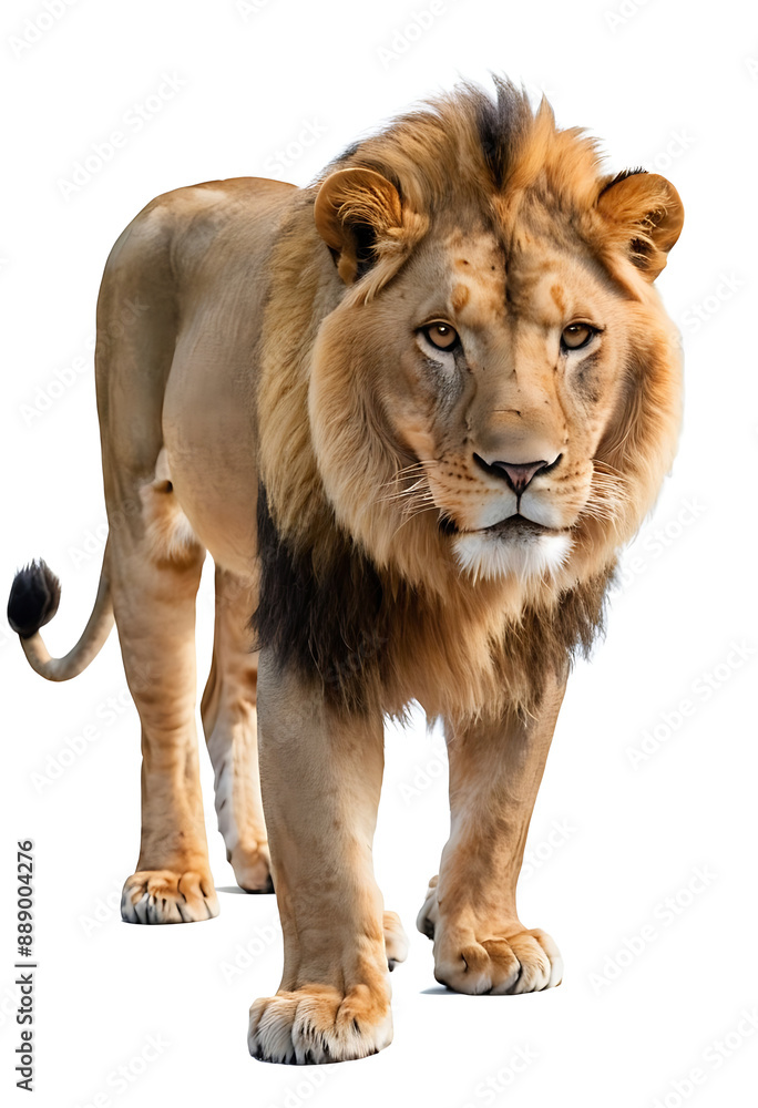 Obraz premium A majestic lion with a thick mane stands alert, gazing directly at the viewer, isolated on a white background. Perfect for wildlife articles, conservation campaigns, or designs symbolizing strength an