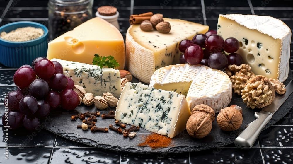 A cheese platter with a variety of cheeses and crackers A cheese platter with a variety of cheeses and crackers