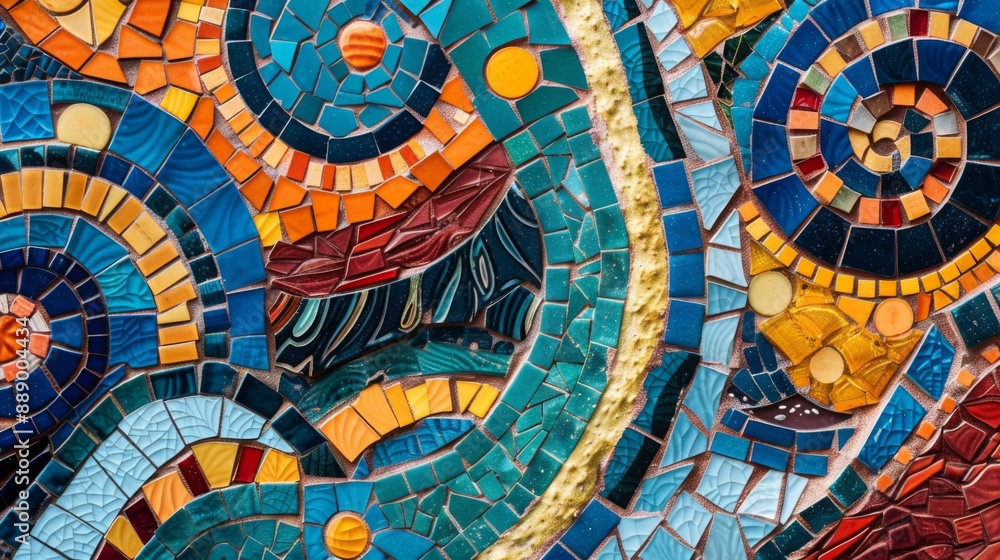 Close-up of a mosaic tile abstract pattern with intricate designs and vibrant colors. Close-up of a mosaic tile abstract pattern with intricate designs and vibrant colors.