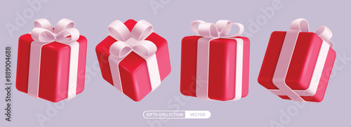 Christmas red gifts vector set design. Christmas gift boxes elements with white ribbon and red boxes ornaments isolated background. Vector illustration 3d gifts collection. 
