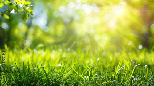 Beautiful spring background with fresh green grass on meadow. Nature landscape with sunlight and copy space