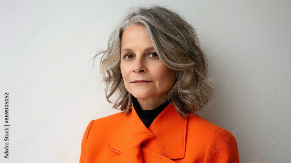 Stunning portrait of a s midaged woman gazing confidently at the camera against a white backdrop. Stunning portrait of a s midaged woman gazing confidently at the camera against a white backdrop.