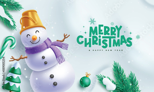 Merry christmas greeting vector design. Christmas snowman character with pine tree and fir tree decoration elements in winter snow background. Vector illustration holiday season design. 
