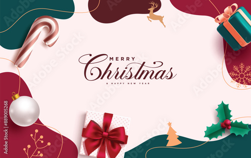 Merry christmas greeting vector background design. Christmas greeting text in abstract colorful pattern background with xmas balls, candy cane and holly berry ornaments decoration. Vector illustration