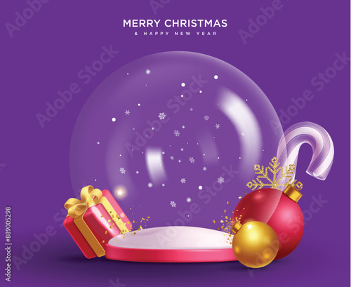Christmas glass globe vector design. Merry christmas greeting text with snow crystal ball in empty podium for holiday season product promotion concept. Vector illustration for xmas winter seasonal 