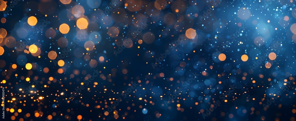 A blue background with golden bokeh lights, creating an enchanting and magical atmosphere for wedding or party decoration A blue background with golden bokeh lights, creating an enchanting and magical atmosphere for wedding or party decoration