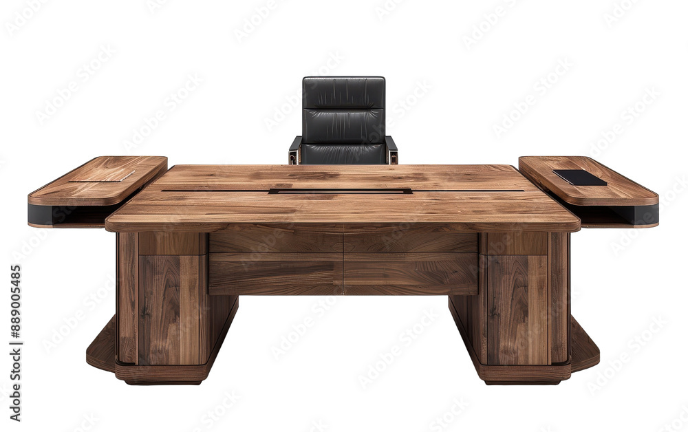 A wooden desk with extended side wings and a black leather chair A wooden desk with extended side wings and a black leather chair